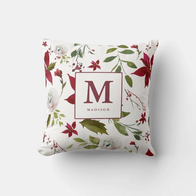Chic Watercolor Poinsettia Floral Monogram Name Throw Pillow (Front)