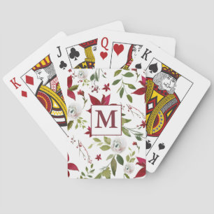 Chic Watercolor Poinsettia Floral Monogram Playing Cards