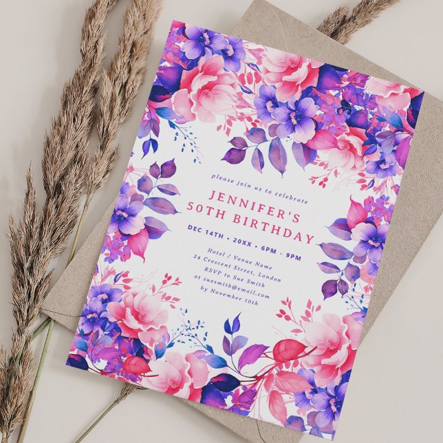 Chic Watercolor Purple Floral 50th Birthday  Invitation (Chic Watercolor Purple Floral 50th Birthday Invitation)