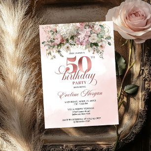 Chic Watercolor Rose Gold Blush Floral 50 Birthday Invitation