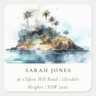 Chic Watercolor Seascape Palm Tree Island Address Square Sticker