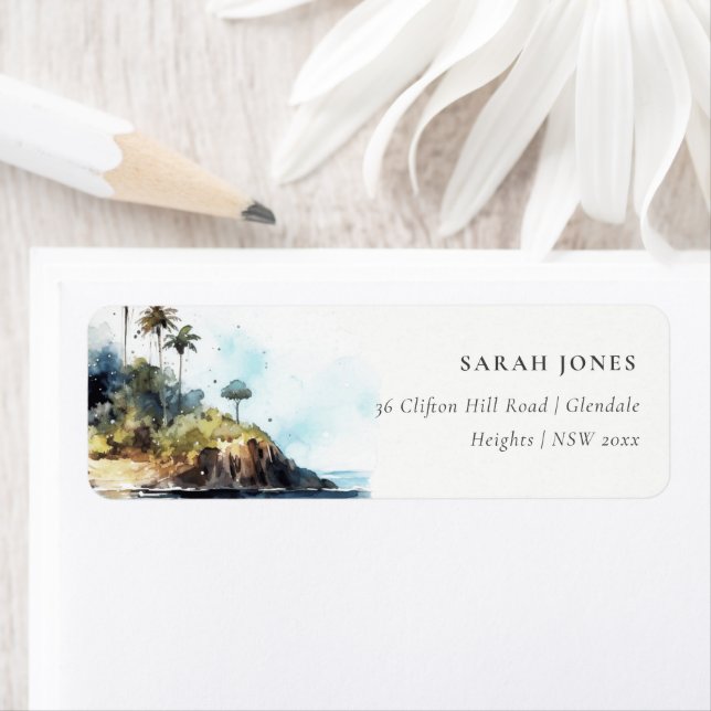 Chic Watercolor Seascape Palm Tree Island Adresse (En situation)