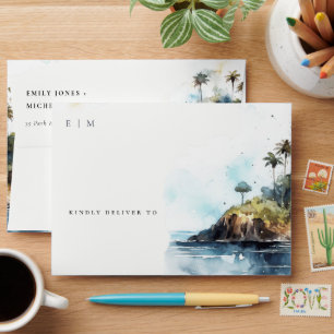 Chic Watercolor Seascape Palm Tree Island Wedding Envelope