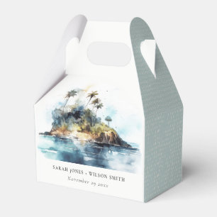Chic Watercolor Seascape Palm Tree Island Wedding Favor Box