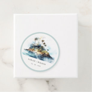 Chic Watercolor Seascape Palm Tree Island Wedding Favour Tags