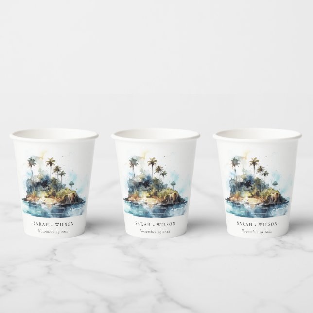 Chic Watercolor Seascape Palm Tree Island Wedding Paper Cups (Multi)