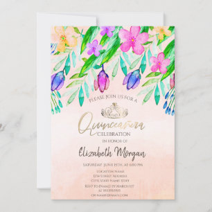 Chic Watercolor Spring Flowers Quinceañera Invitation