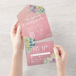 Chic Watercolor Succulent Pink Flower Wedding RSVP All In One Invitation