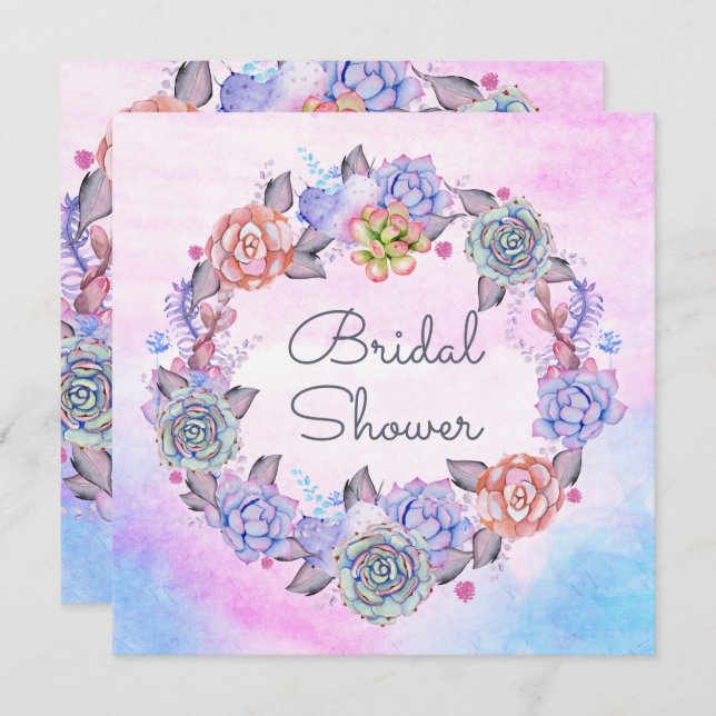 Chic Watercolor Succulents Wreath Bridal Shower Invitation (Front/Back)
