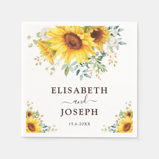 Chic Watercolor Sunflower Garden Greenery Wedding Napkin (Front)