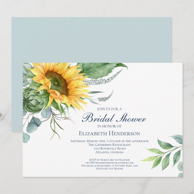 Chic Watercolor Sunflower  Greenery Bridal Shower Invitation (Front/Back)