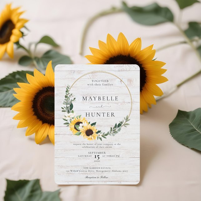 Chic Watercolor Sunflower Wreath Whitewood Wedding Invitation (Chic Watercolor Sunflower Wreath Whitewood Wedding Invitation)