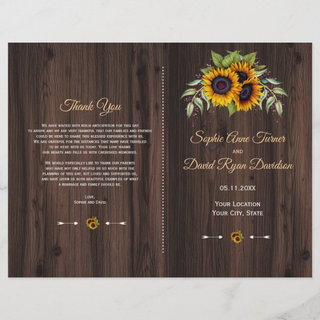 Chic Watercolor Sunflowers Wood Wedding Program (Front)