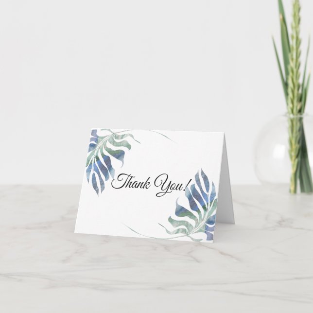 Chic Watercolor Tropical Blue Green Foliage Thank You Card (Front)
