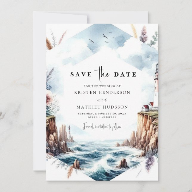 Chic Watercolor Waves Lighthouse Wedding Save The Date (Front)