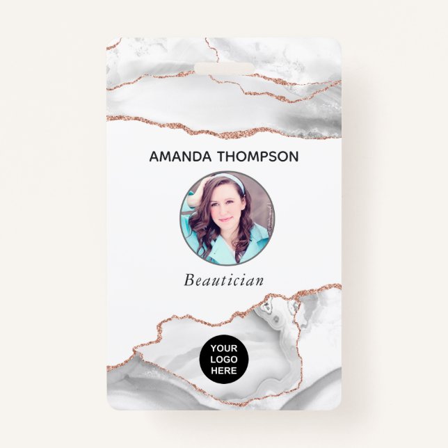 Chic Watercolor White and Rose Gold Agate Business Badge (Front)