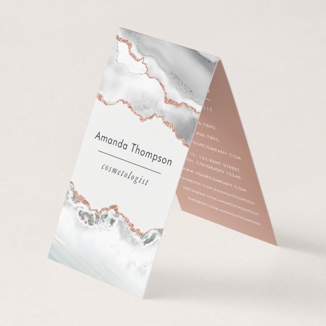 Chic Watercolor White and Rose Gold Agate Business Card (Front)