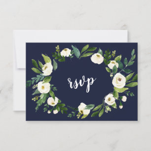 Chic Watercolor White Floral Wreath Dark Blue RSVP Card