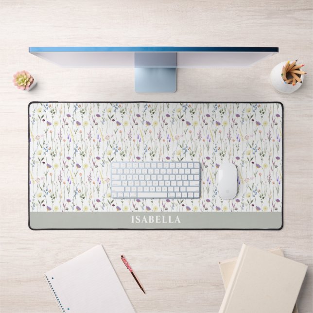 Chic Watercolor Wildflower Personalized Name Desk Mat (Office 1)