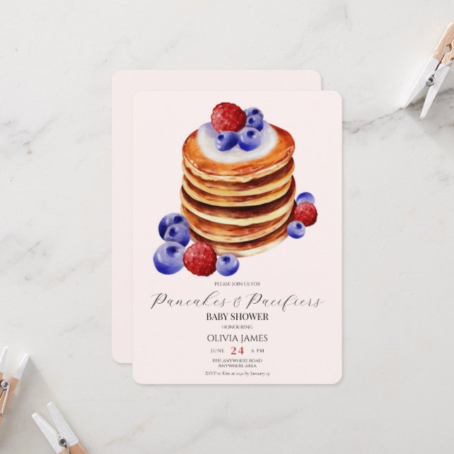 Chic watercolour pancakes brunch & baby shower  invitation (Front/Back In Situ)