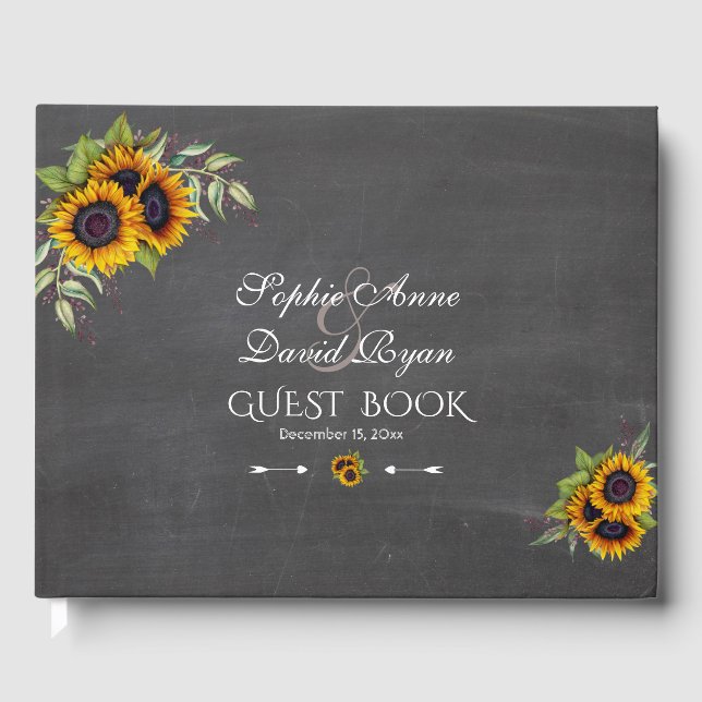 Chic Watercolour Sunflowers Chalkboard Wedding Guest Book (Front)
