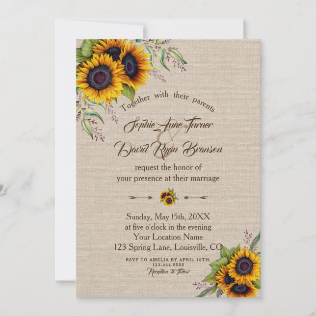 Chic Watercolour Sunflowers Linen Canvas Wedding Invitation (Front)