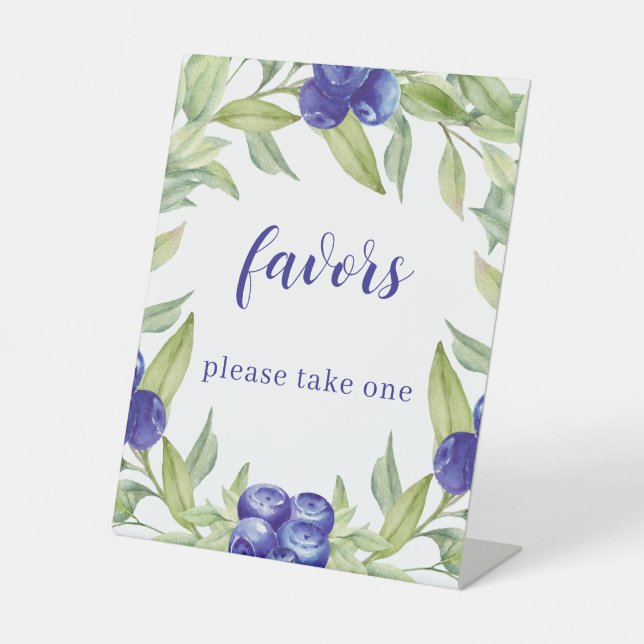 Chic Waterercolor Blueberries Green Leaves Favours Pedestal Sign (Front)