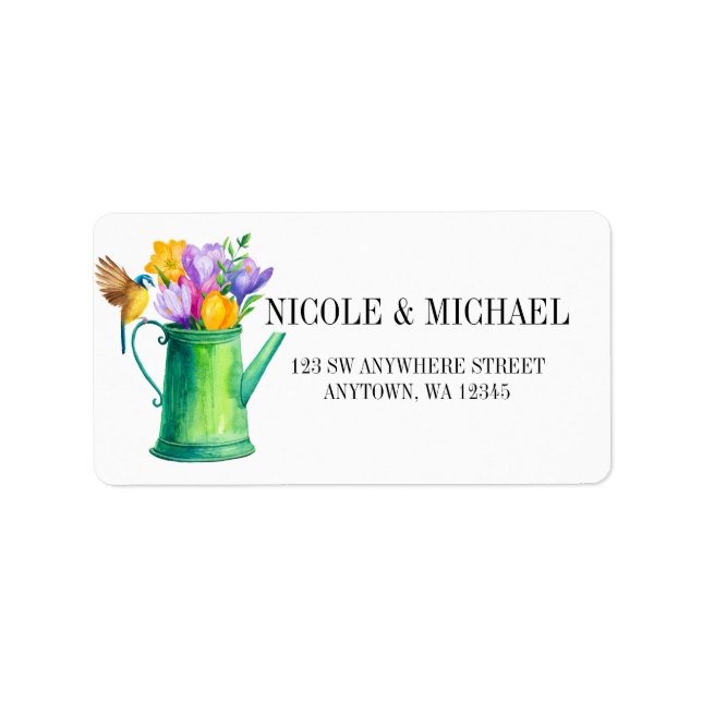 Chic watering can with flowers and bird wedding label (Front)