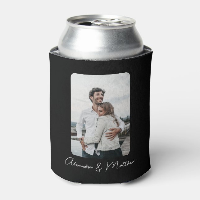 Chic Wedding Black Calligraphy Personalized Photo Can Cooler (Can Front)