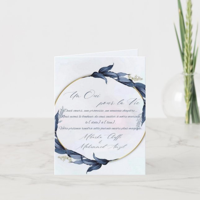Chic wedding invitation blue and gold - "One Yes" (Front)