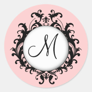 Chic Wedding Monogram Damask Label Pink
