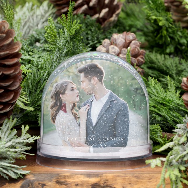 Chic Wedding Photo with White Script Overlay Snowglobe (Winter)