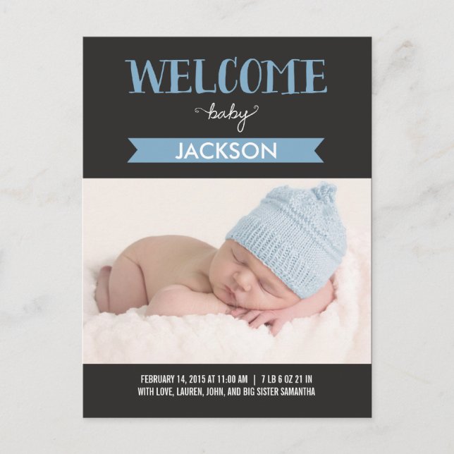 Chic Welcome Birth Announcement - Blue (Front)