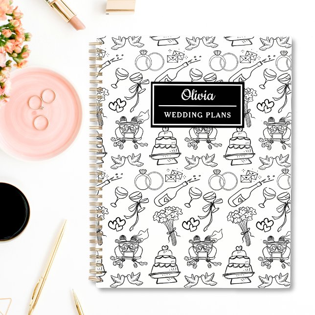 Chic Whimsical Black & White Personalized Wedding  Planner (Chic black and white personalized wedding planner with customizable covers. )