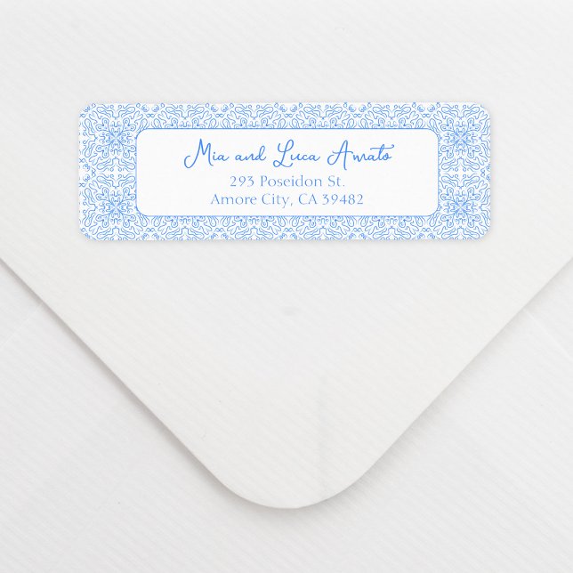 Chic Whimsical Blue Tile Pattern Mediterranean (Bring a chic Mediterranean vibe to your invites with this blue tile pattern address label.)