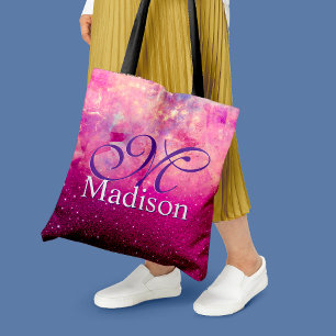 Chic whimsical pink fuchsia ombre glitter monogram tote bag