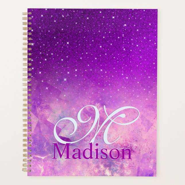 Chic whimsical pink purple ombre glitter monogram planner (Front)