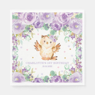 Chic Whimsical Purple Floral Owl 1st Birthday Napkin