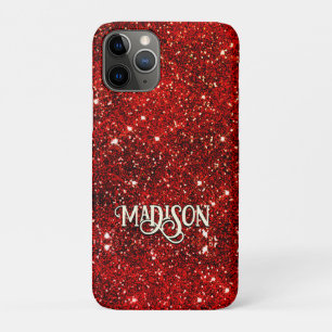Chic whimsical red black glitter monogram  iPhone 11 pro case
