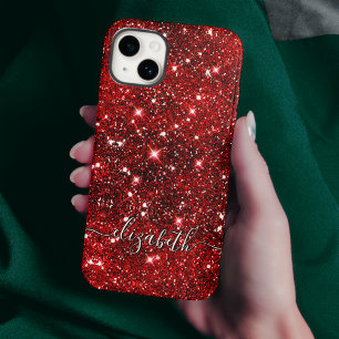 Chic whimsical red black glitter monogram  iPhone 15 case