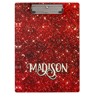 Chic whimsical red black glitter monogram clipboard