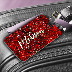 Chic whimsical red black glitter monogram  luggage tag
