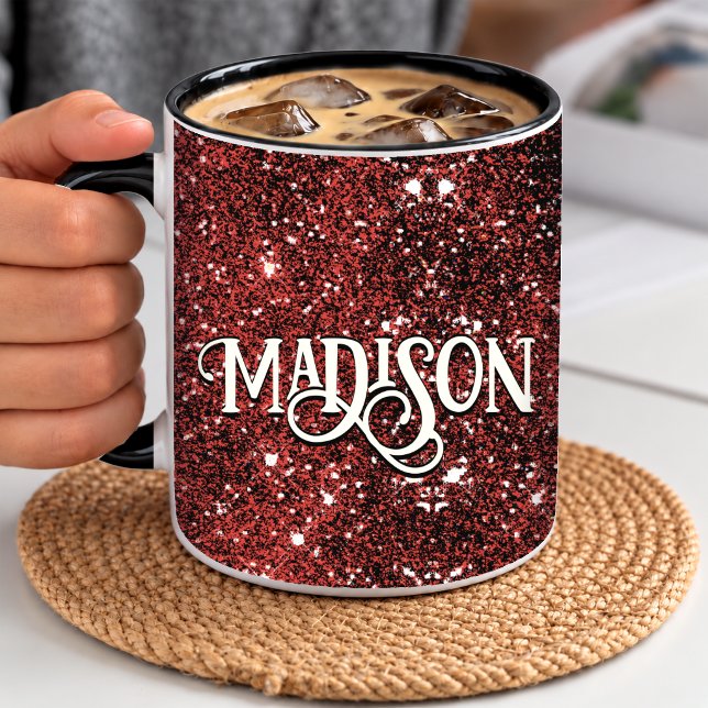 Chic whimsical red black glitter monogram  mug (Creator Uploaded)
