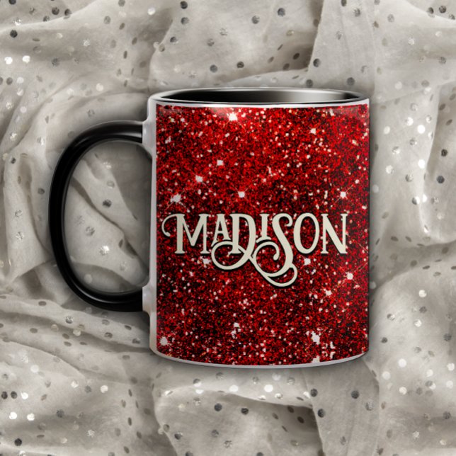 Chic whimsical red black glitter monogram  mug (Creator Uploaded)