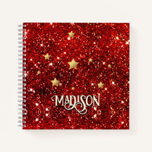 Chic whimsical red black glitter monogram notebook