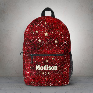Chic whimsical red black glitter monogram  printed backpack