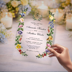 Chic Whimsical Vintage Floral monogram wedding Acrylic Invitations