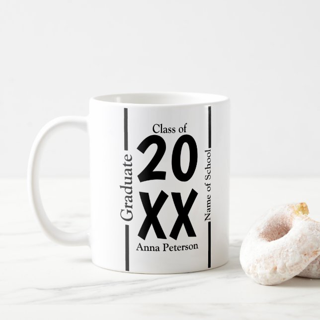 Chic White and Black Custom Graduation  Coffee Mug (With Donut)