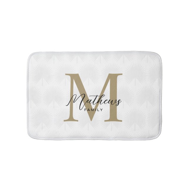 Chic White and Gold Anahaw Leaf Script Monogram Bath Mat (Front)