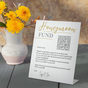 Chic White and Gold Elegant QR Code Honeymoon Fund Pedestal Sign